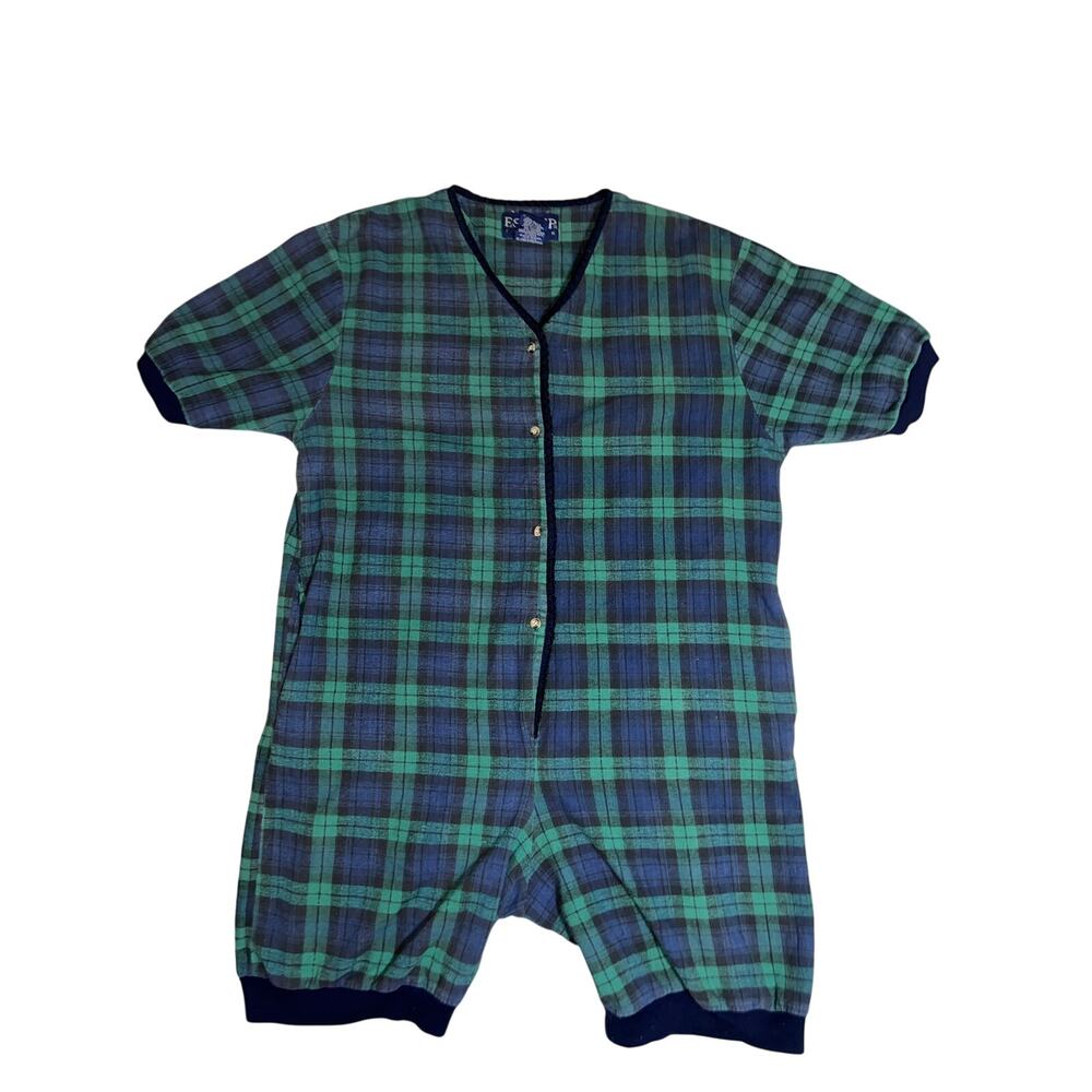 ESLEEP vintage 90s tartan plaid flannel green/blue romper PJs with butt flap M